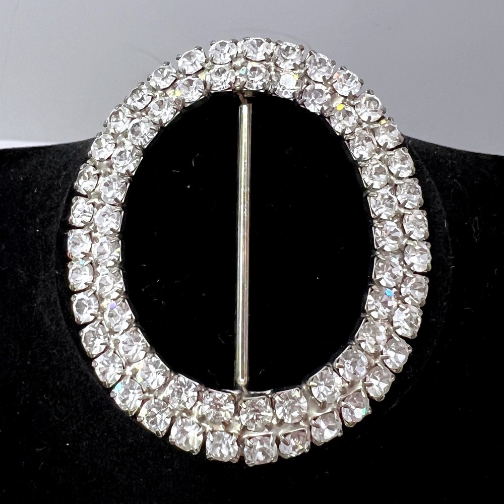 Vintage Clear Rhinestone Scarf Slide Oval Silver Tone Double Row Scarf Clip